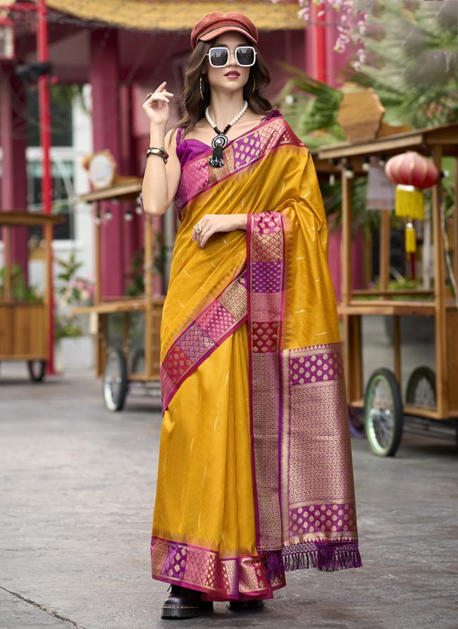 Pure Banarasi Silk Mustard Festival Wear Weaving Saree